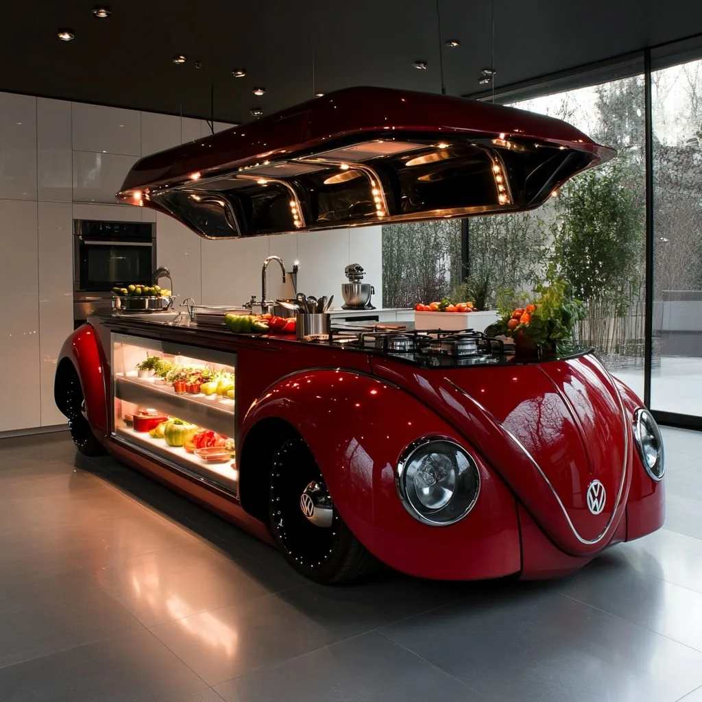 Drive Unique Design: Discover the Iconic VW Beetle Shaped Kitchen Island!