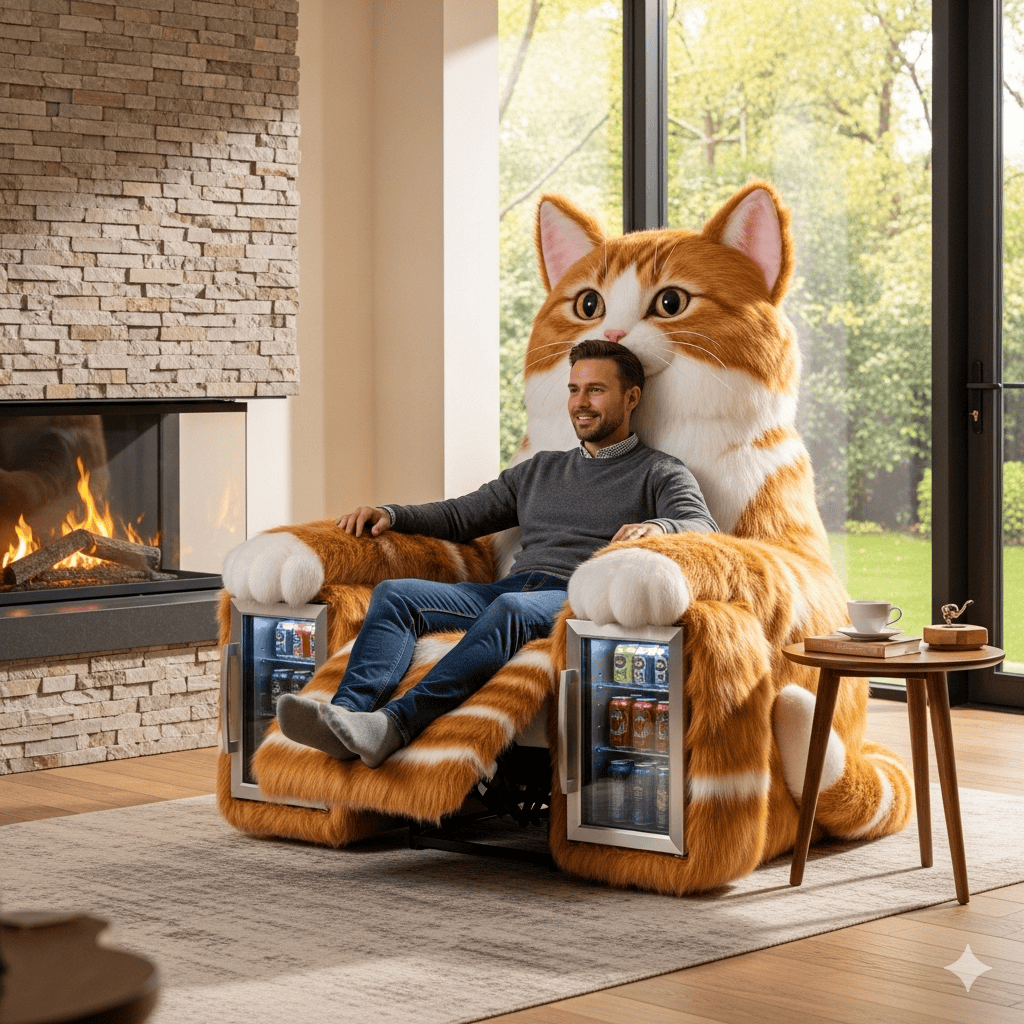 Cat Recliner with a Built-in Mini Refrigerator – Whimsical Comfort Meets Cool Convenience